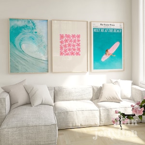 set di stampe artistiche da parete sulla spiaggia di 3, tavola rosa ragazza surfista, fiori, onda, giornale, stampa digitale, onda, arredamento del dormitorio, arte stampabile