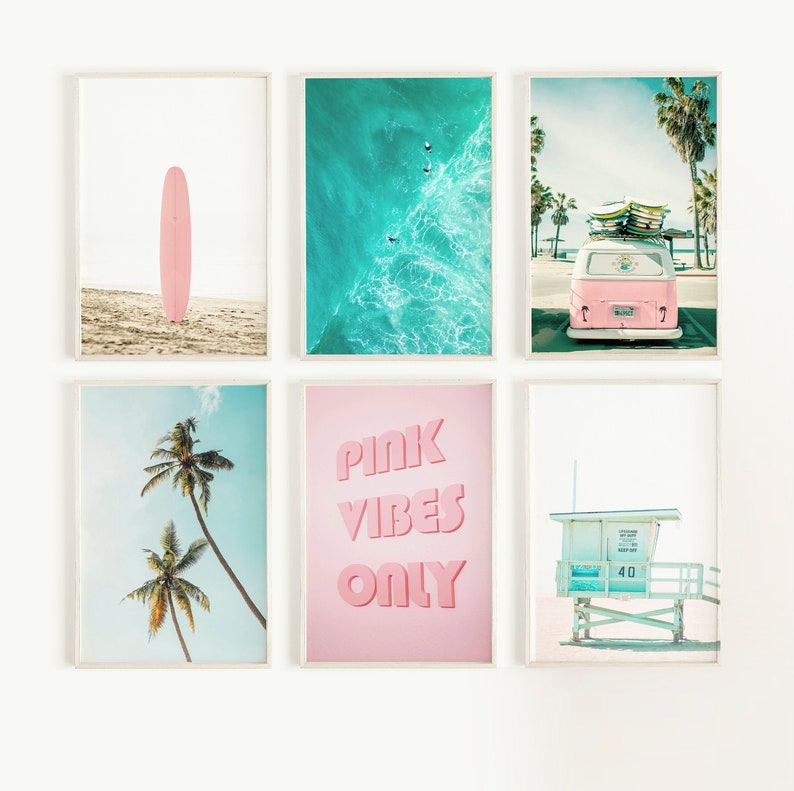 beach prints set of 6, combi van, teen girl room decor, dorm decor for college girls, coastal wall art, printable wall art, California, image 1