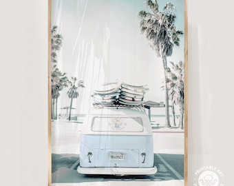 Lámina de surf con estampado de furgoneta Kombi azul, decoración retro para casa de playa (descarga digital), lámina de playa, decoración para habitación infantil de niño, lámina de pared imprimible
