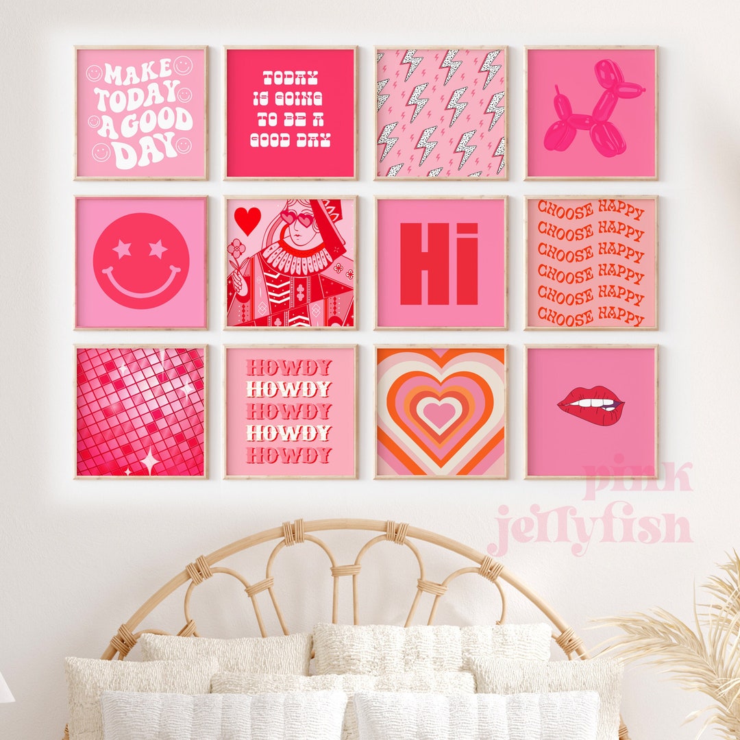 Hot Pink Preppy Wall Art Set of 12, Preppy Dorm Room Decor, Printable ...