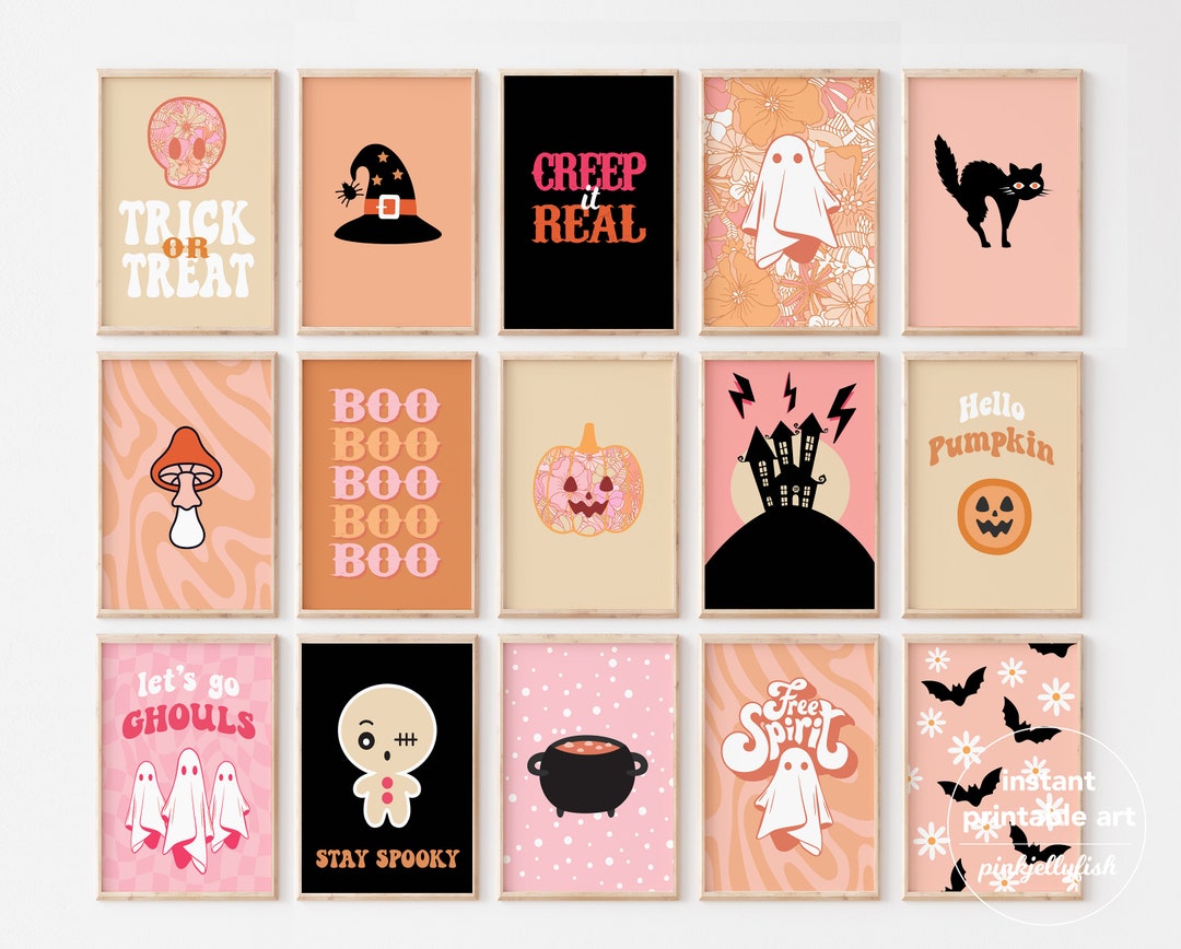 Halloween Wall Decor Printable, Bundle Set of 15 Cute Wall Art, Gallery ...