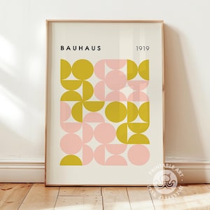 Impresión Bauhaus en rosa y verde, carteles de exposiciones retro, arte mural imprimible, carteles, estilo años 70, arte mural hippie, impresiones digitales