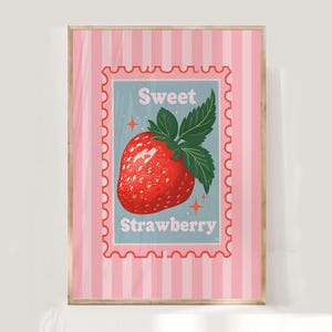 Erdbeer Stempel Print, pinke Streifen, trendige Wandkunst, Wanddeko, Küchendeko, Wandkunst für Mädchen, druckbare Kunst, digitale Kunst,