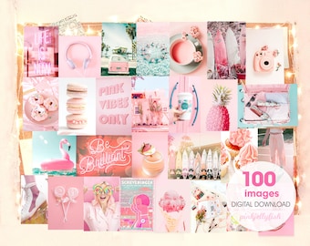 Op de afbeelding: Een digitale collage van 100 afbeeldingen in roze, perzik en blauwe tinten. De afbeeldingen omvatten een flamingo-zwemband, donuts, macarons, een ananas, een roze busje, een roze ijshoorn, een roze cupcake en een roze camera. De tekst "Pink Vibes Only" is te zien in de collage.