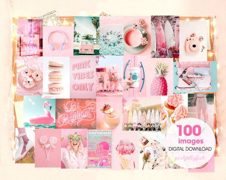 May include: A digital collage of 100 images in pink, peach, and blue tones. The images include a flamingo float, donuts, macarons, a pineapple, a pink van, a pink ice cream cone, a pink cupcake, and a pink camera. The text "Pink Vibes Only" is featured in the collage.