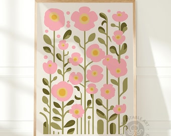 pink flower print, maximalist wall art, trendy, aesthetic, pink green wall art, printable wall art, colorful poppies botanical, minimalist