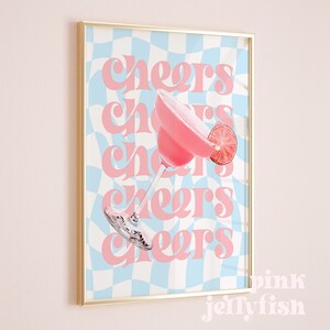 cheers bar cart art print, trendy muurkunst retro cocktail printbaar, digitale print, slaapzaal decor