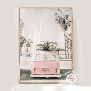 pink van print, beachy wall decor, beach digital print, surf print, printable wall art, coastal wall art, pink surf poster, nursery