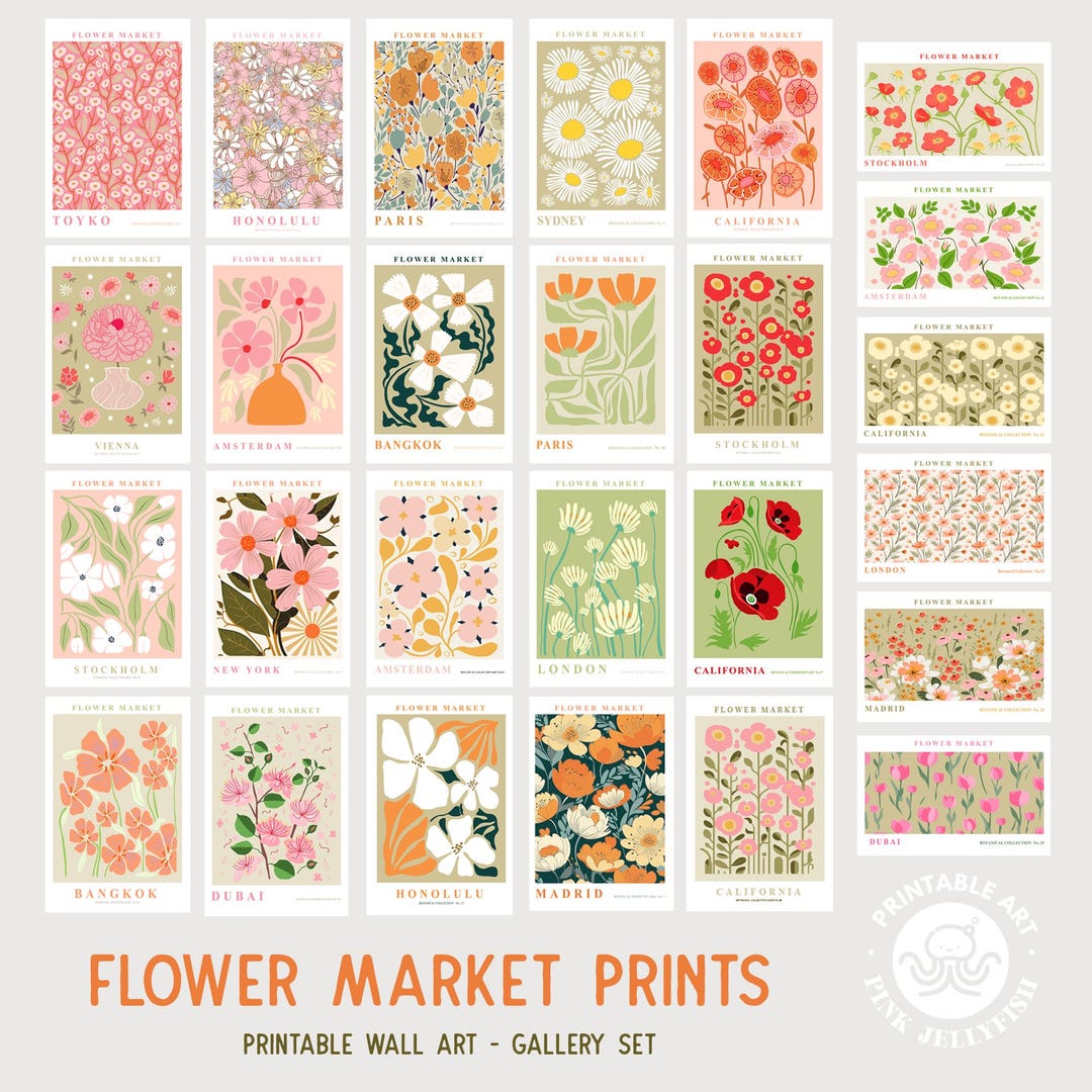 Flower Market Wall Art Print Set of 26, Trendy Wall Art, Floral ...