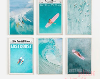 surf prints gallery set of 6 beach wall art, digital prints, teen girl room decor, dorm decor, printable art, California, beachy