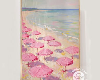 beach wall art, pink umbrellas, coastal prints, beachy wall decor, coastal cowgirl, girly wall art, digital, printable wall art