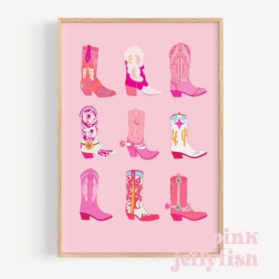 cowgirl boots print pink, western printable wall art, coastal cowgirl, boots teen cowgirl bedroom decor, preppy dorm room, preppy, tween