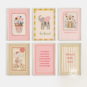 May include: Set of six framed art prints with whimsical illustrations. Includes a pink framed print with a flower pot, a print with a gray elephant, and a print with a lion. Other prints have text: "be kind", "Daughter of the King", and "Blessed little soul".