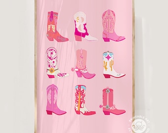 cowgirl boots print pink, western printable wall art, coastal cowgirl, boots teen cowgirl bedroom decor, preppy dorm room, preppy, tween