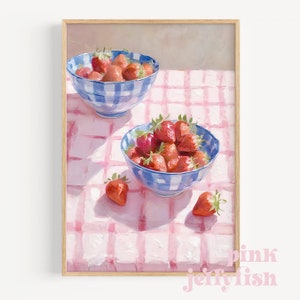 Strawberry kitchen wall art, pink coquette room decor, trendy girly prints,  printable art, summer art