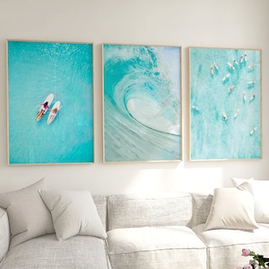 aerial beach wall art set of 3, wave, surf prints, surfing printable wall art, coastal wall art, 3 piece set, digital prints,