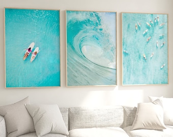 aerial beach wall art set of 3, wave, surf prints, surfing printable wall art, coastal wall art, 3 piece set, digital prints,