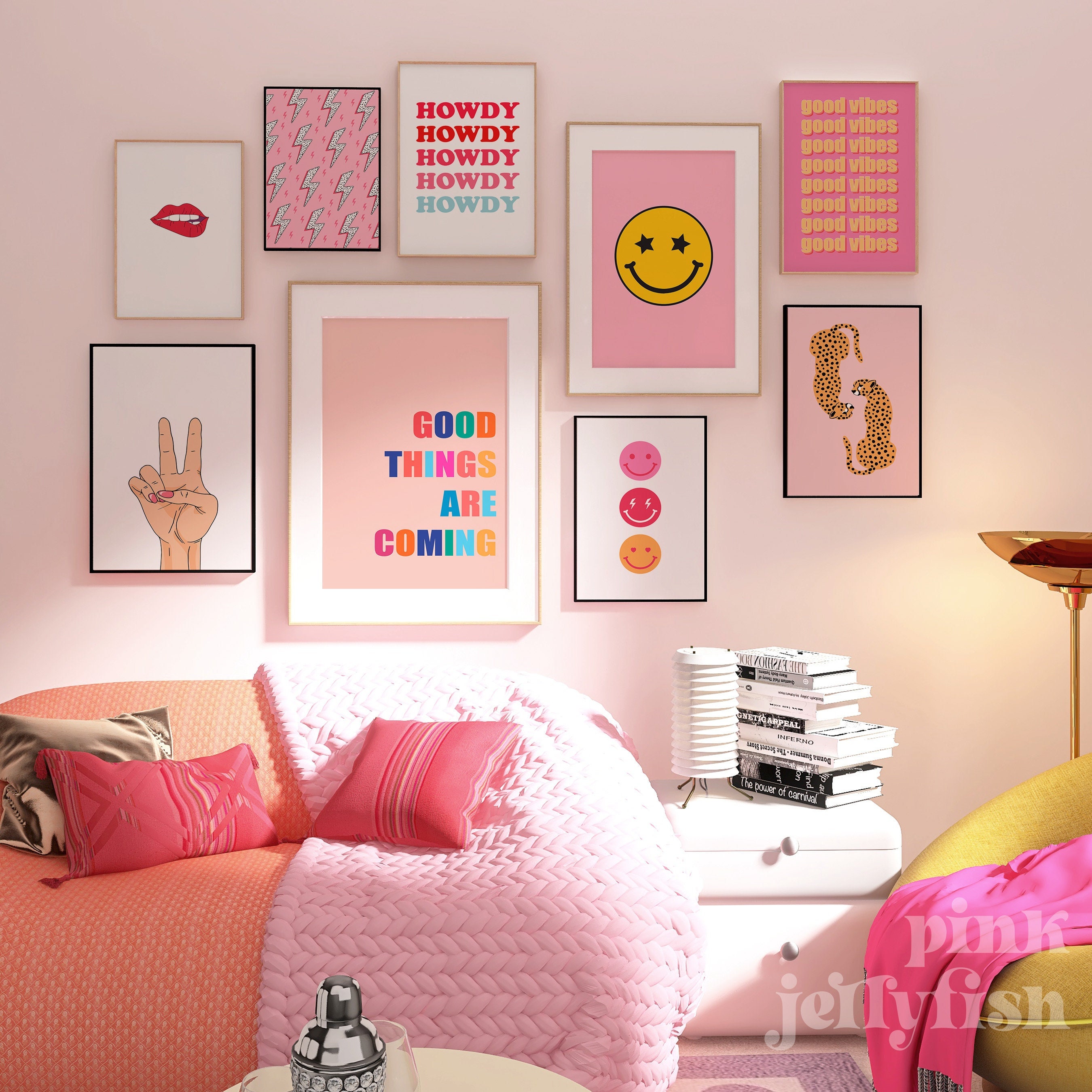 Pink preppy prints set of 9 printable art, colorful gallery wall, dorm wall decor, poster, leopard, dorm room decor, pink teen room
