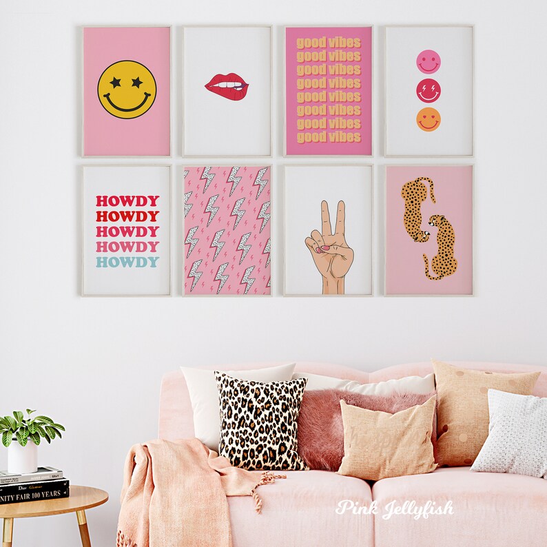 Preppy wall decor set of 9, apartment wall decor, preppy poster, retro print, trendy art prints, leopard, dorm room decor, pink teen room image 9