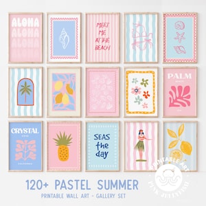 May include: A collection of framed pastel summer-themed wall art prints. The prints feature various designs, including text that reads "ALOHA", "MEET ME AT THE BEACH", and "SEAS the day". Other prints depict a seashell, a palm tree, a pineapple, and a hula dancer.