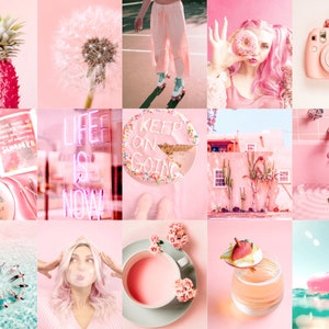 May include: A pink and white aesthetic mood board with images of a pineapple, a dandelion, a person on roller skates, a donut, a camera, a neon sign that says "Life is Now", a cake that says "Keep on Going", a pink building, a bathtub with water, a beach with people swimming, a person blowing a bubble, a cup of tea, a cocktail, and a flamingo float in the water.