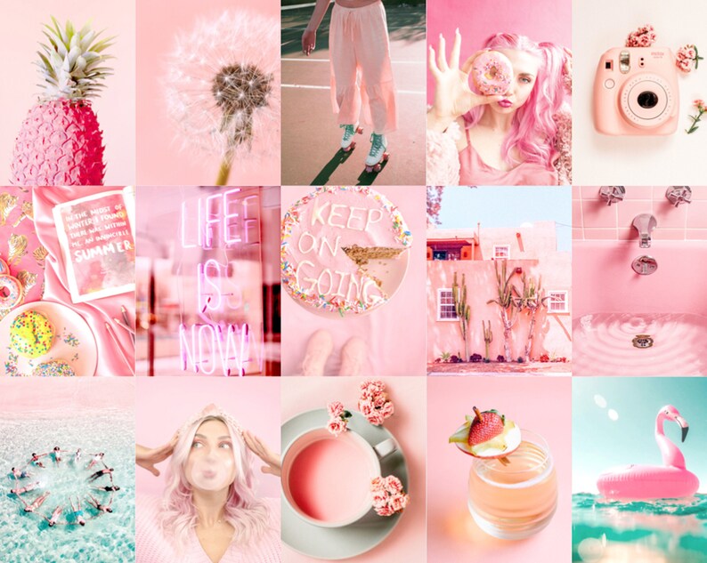 May include: A pink and white aesthetic mood board with images of a pineapple, a dandelion, a person on roller skates, a donut, a camera, a neon sign that says "Life is Now", a cake that says "Keep on Going", a pink building, a bathtub with water, a beach with people swimming, a person blowing a bubble, a cup of tea, a cocktail, and a flamingo float in the water.