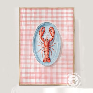 lobster print, printable wall art, digital prints, fisherman aesthetic, cute kitchen print, coastal poster, seafood art, checks