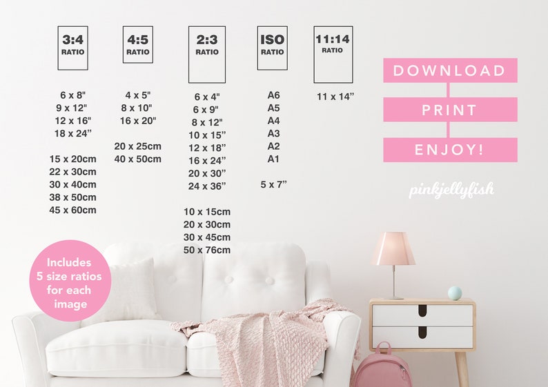 May include: A white couch with a pink throw blanket in a room with a white wall. The wall has a pink sign that says "DOWNLOAD", "PRINT", and "ENJOY!" with the text "pinkjellyfish" below. The wall also has a chart with different aspect ratios and their corresponding measurements in inches and centimeters.