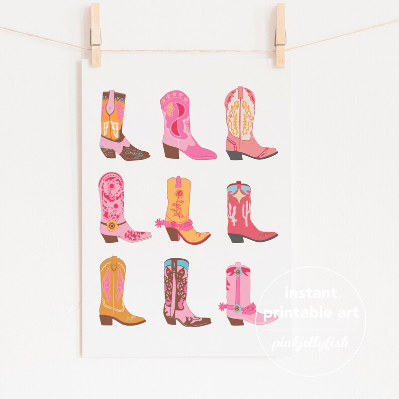 May include: A printable art print featuring nine colourful cowboy boots with different patterns and designs. The boots are arranged in three rows of three. The print has the text "instant printable art pinkjellyfish" at the bottom.