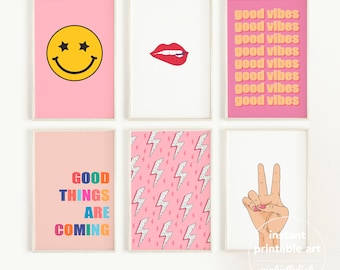 Preppy room decor set of 6 digital prints, apartment wall decor, aesthetic wall art, dorm room decor, preppy poster, pink teen