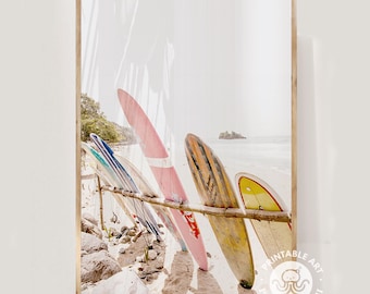 surfboards print, surf poster, printable art, beach wall art, coastal prints, pink wall art, teen girl room decor, colorful  digital art,
