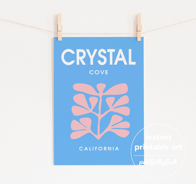May include: A blue and pink printable art print with the text "CRYSTAL COVE CALIFORNIA". The print features a stylized pink plant design.