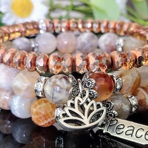 Peace Charm Beaded Bracelet Set | Handmade Earth-Tone Stretch Bracelets | Lotus Stack | Crystal & Agate Layered Jewelry | Gift for Her