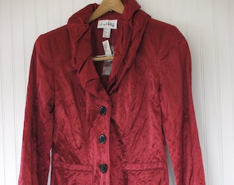 Vintage Size M 90s Shiny Blazer Red Maroon Joseph Ribkoff Jacket Coat Ruffles Evening Medium  - New With Tags Party 80s Goth