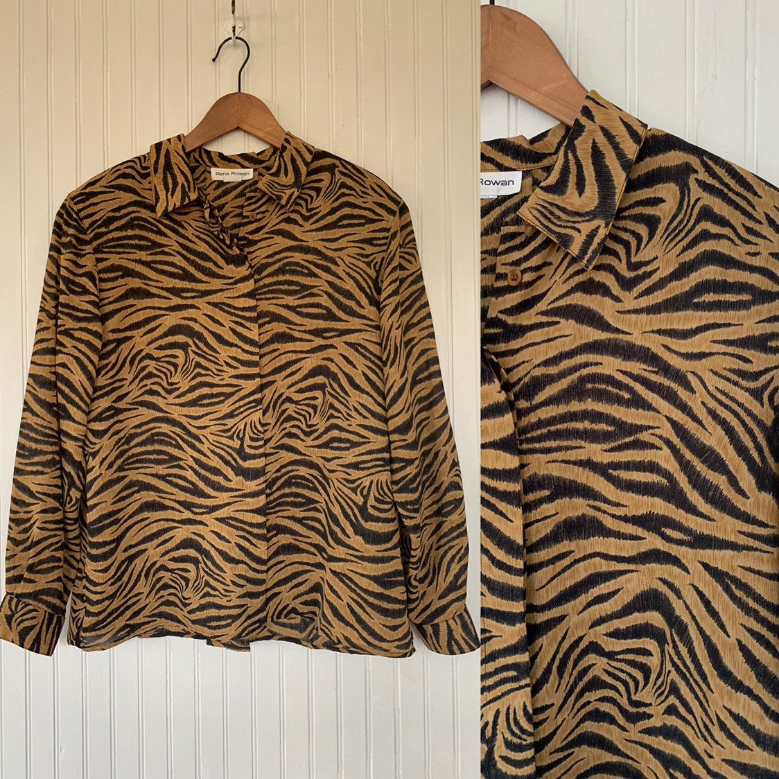 Vintage 90s Tiger Print Sheer Blouse Large Button Down Shirt Animal ...