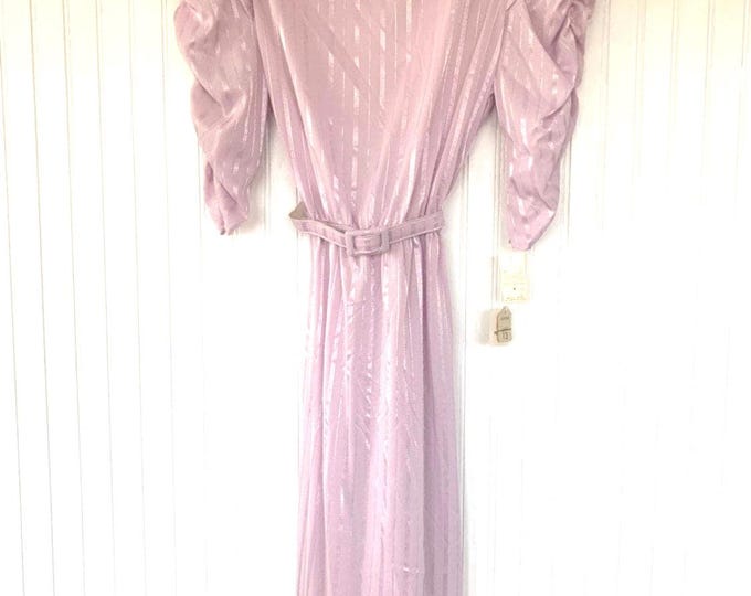 Unique Vintage 80s Pastel Lavender Purple Pink Sheer Puff Sleeve Dress M 4 6 8 Medium Med NWT Deadstock Ruffles Ruched 70s Boho Wedding