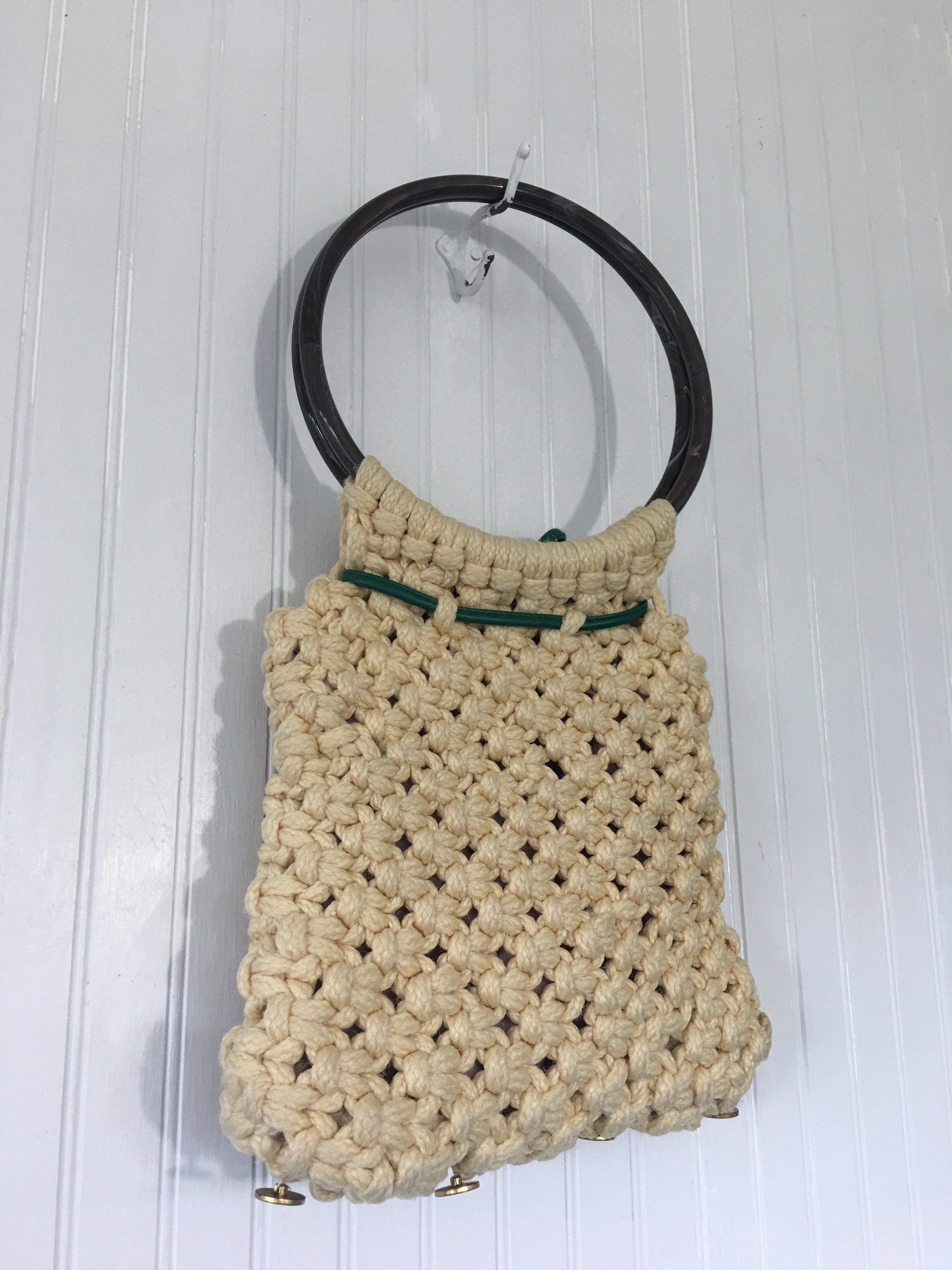 Vintage 70s Knit Bag Purse Unique Handbag Round Handle Knitted Handmade ...