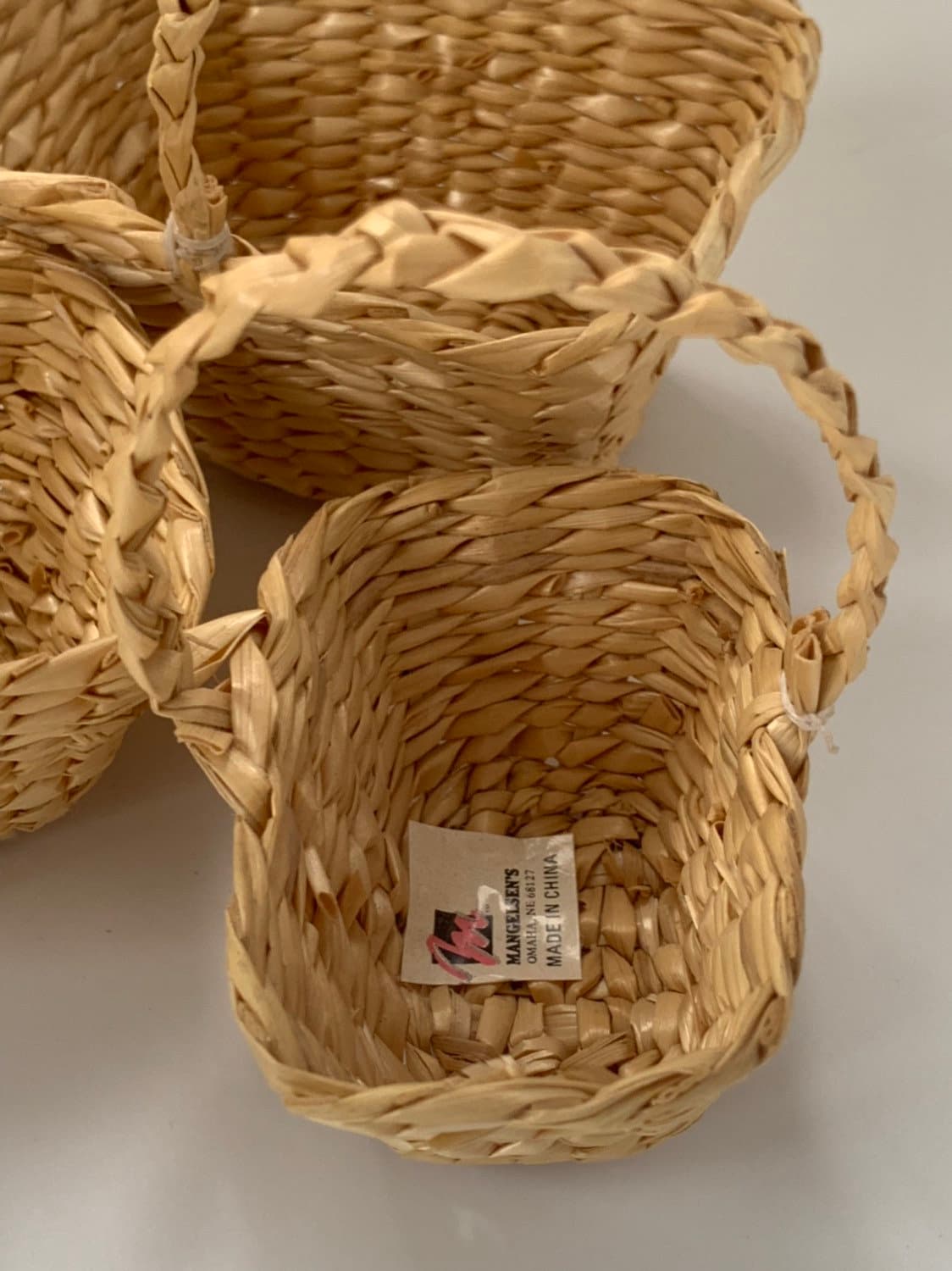 Set of 3 Vintage Deadstock 80s Miniature Wicker Stacking Baskets Home