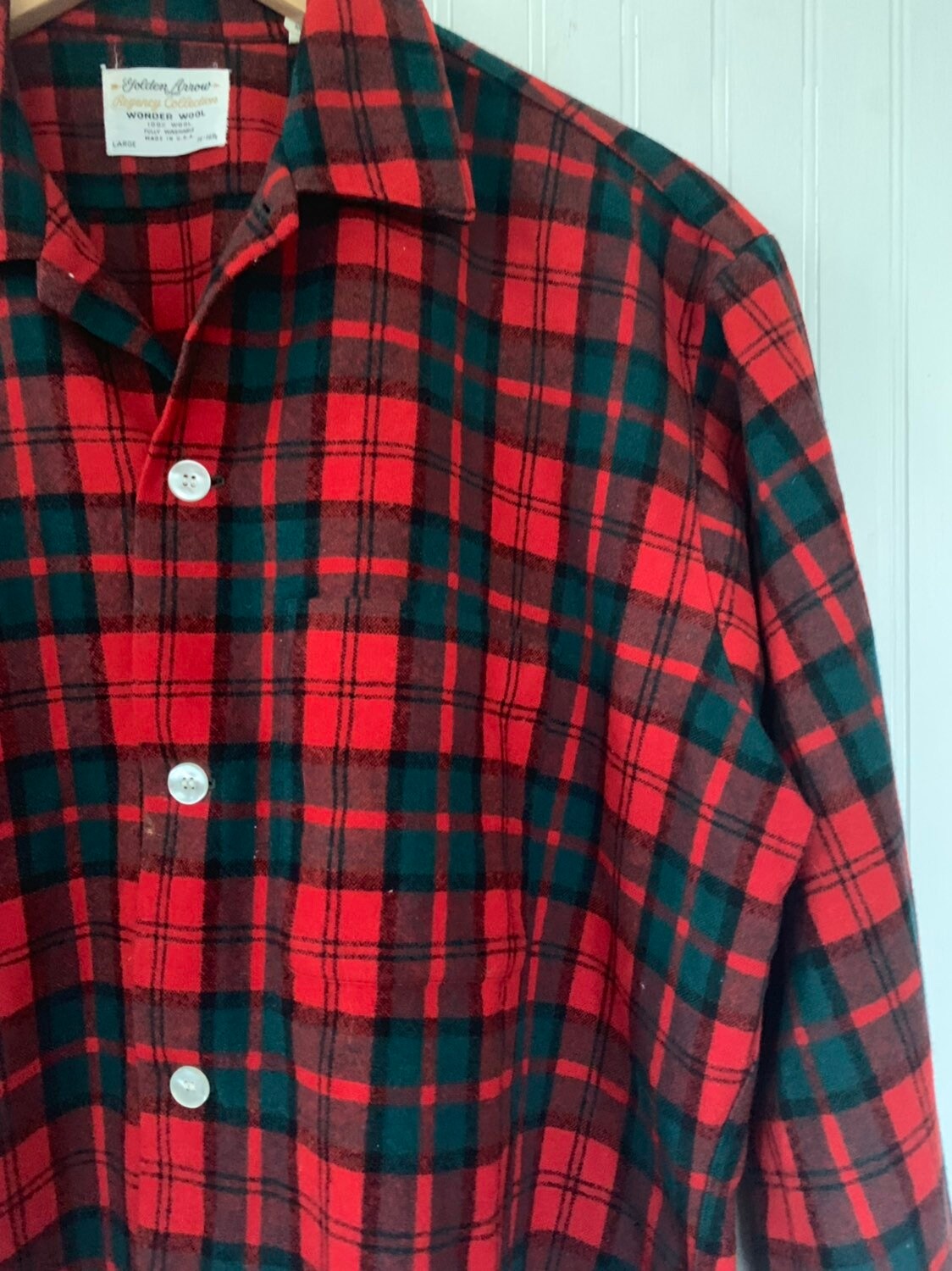 50s Vintage Holiday Wool Plaid Shirt Long Sleeve Top Red Green Black ...