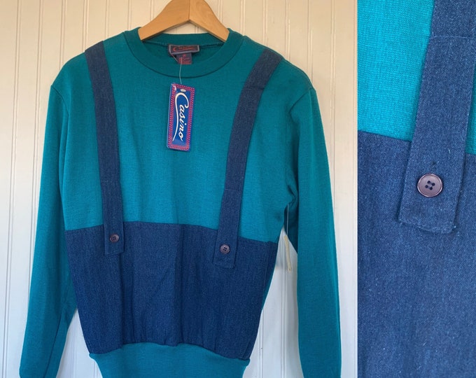 Vintage NWT 80s Vintage Sweatshirt Size Medium Turquoise Denim Fleece Overalls Style Med S/M Small 70s Deadstock Sweat shirt Sweater Pockets