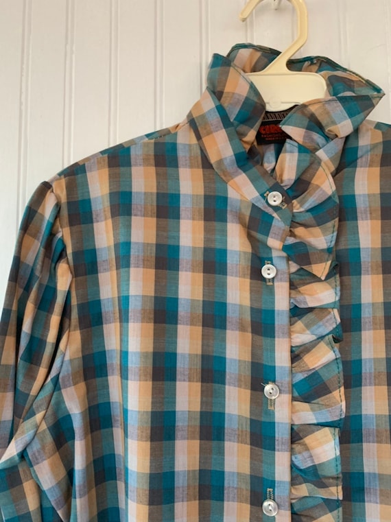 NWT Vintage Plaid Puff Sleeve Shirt Top Turquoise… - image 6