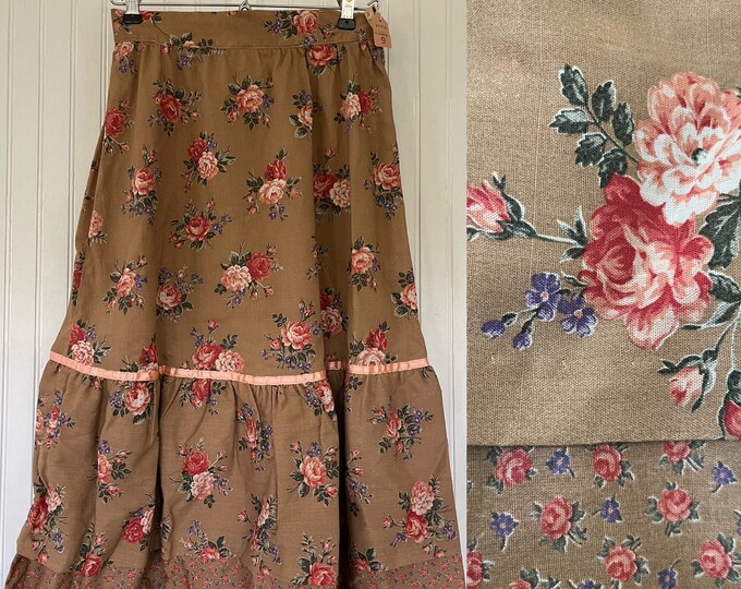 New Vintage 70s XS Skirt Floral Ruffle Print Rose Brown Beige Pink Flowers Midi Deadstock NOS XS/S Peasant Lace Hippie Boho Spring 26 25