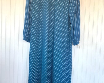 Vintage 70s Deadstock M/L Sheer Teal Blue & White Diagonal Striped Dress Size Medium Large Caftan Long Sleeved Cover Up Vacation 80s