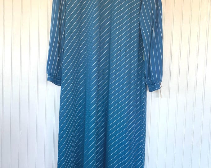 Vintage 70s Deadstock M/L Sheer Teal Blue & White Diagonal Striped Dress Size Medium Large Caftan Long Sleeved Cover Up Vacation 80s