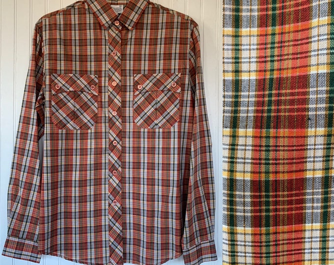 NWT 80s Deadstock Vintage Plaid Long Sleeve Shirt Medium Orange Green White Button Down Shirt Western Hipster Small S/M Mens 34 Med Pockets