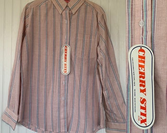 Vintage 80s Deadstock Mauve Pink Yellow Blue Rainbow Stripe Button Down Shirt Small Medium S M NWT 38 Oxford Spring Check Unisex Top Pastel