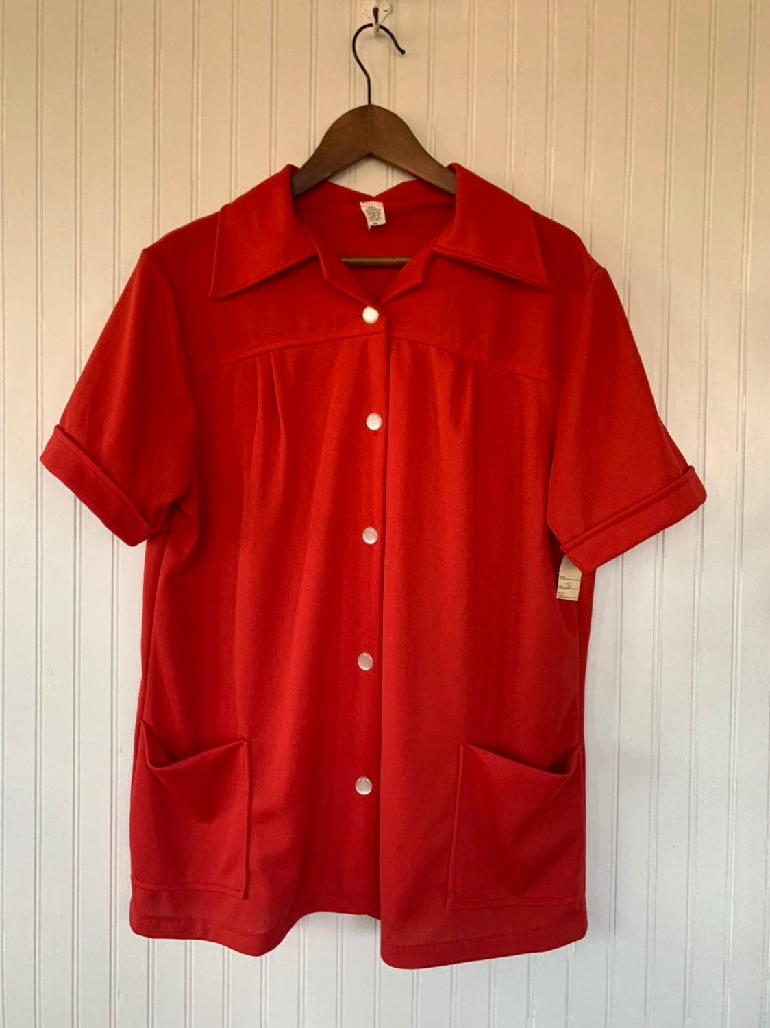 Vintage 80s Large Bright Red Short Sleeve Top Wide Collar Shirt Smock ...