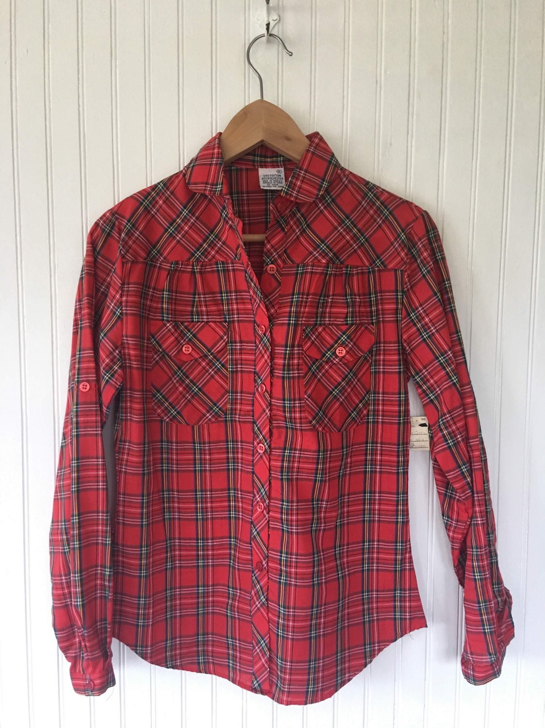 NWT 80s Vintage Plaid Long Sleeve Top Size Small Red White Green Black ...