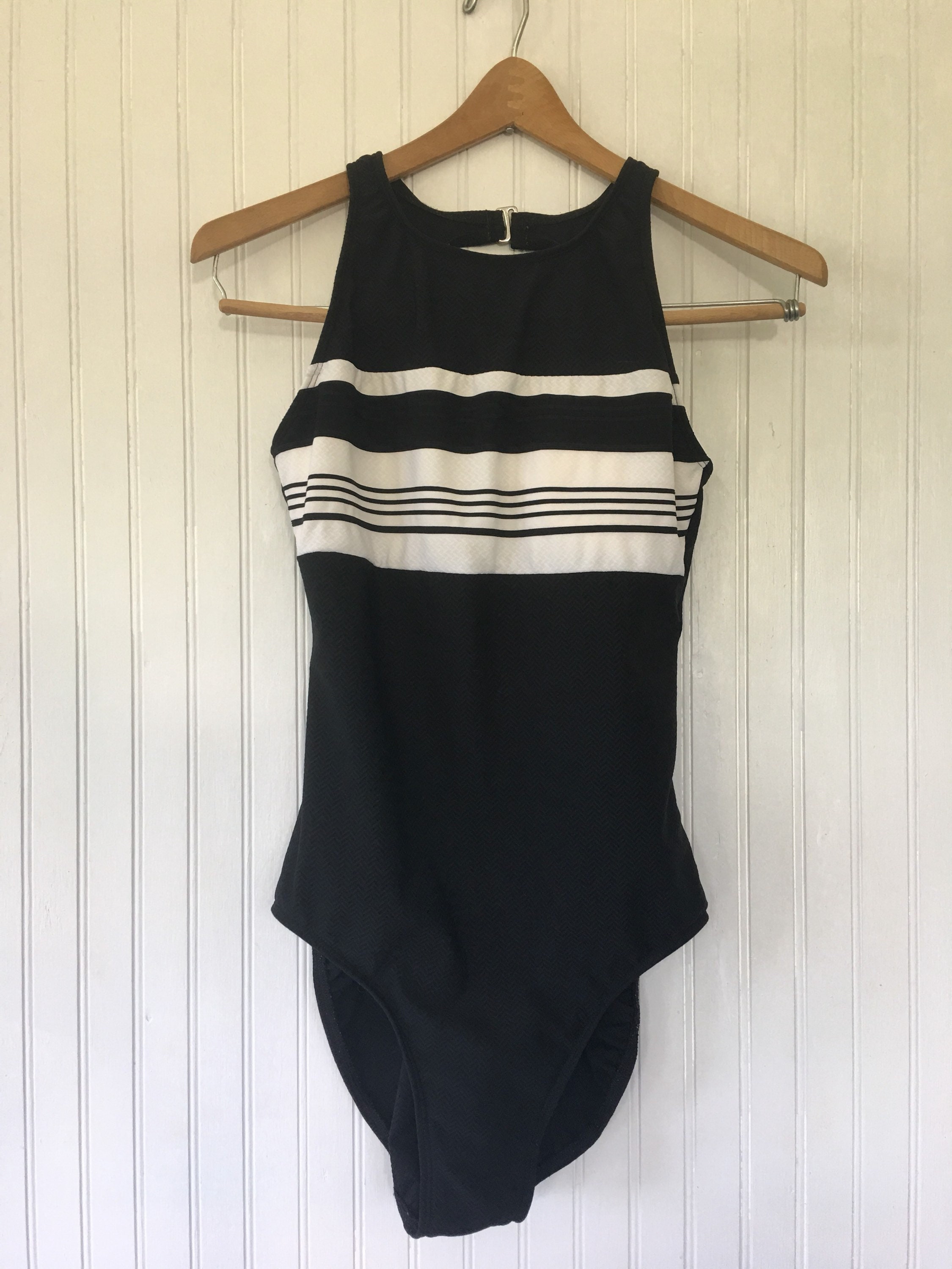 Vintage Size L 90s Black and White Stripe Swimsuit High Neck Large Swim ...