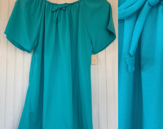 Vintage Deadstock 70s Medium Turquoise Blue Peasant Top M Small S/M 70s nos Tops Med Short Sleeves 36 bow Boho Blouse 80s